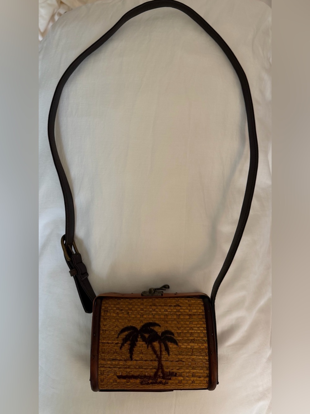 Sun 'N' Sand Vintage Woven Bamboo Hard Shell Crossbody Bag Palm Tree
